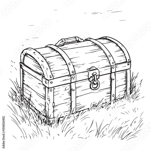 Silhouette of a wooden treasure chest with a curved lid and large padlock