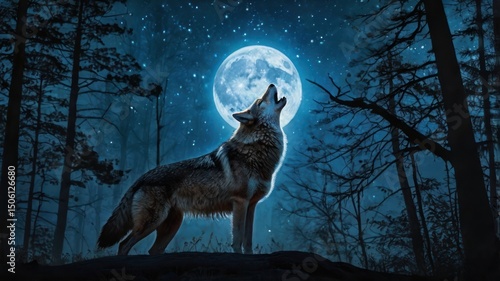 Gray timber wolf howling at the moon in a wild winter nature scene
