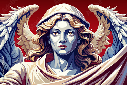 Angel statue holding the Holy Veil vector on red isolated background