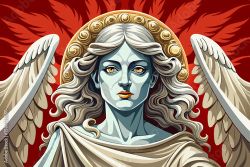 Angel statue holding the Holy Veil vector on red isolated background