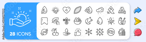 Cherry, Leaf dew and Plants watering line icons. Interest rate, AI generate, Inflation icons. Pack of Cocoa nut, Thermometer, Snowflake icon. Solar panel, Sunrise, Water care pictogram. Vector