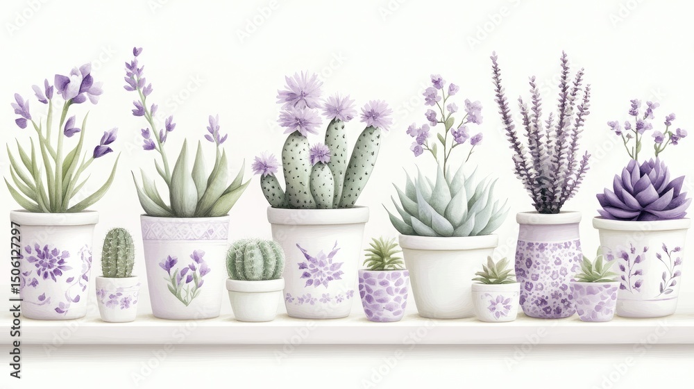 Obraz premium Small cacti and succulents in white ceramic containers with lavender flowers on a pale surface. Soft colors of pots and plants bring a serene, calming feel.