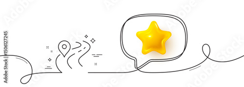 Road line icon. Continuous line with 3d star. Journey path sign. Highway route gps symbol. 3d star in speech bubble. Road single line ribbon. Loop curve pattern. Vector