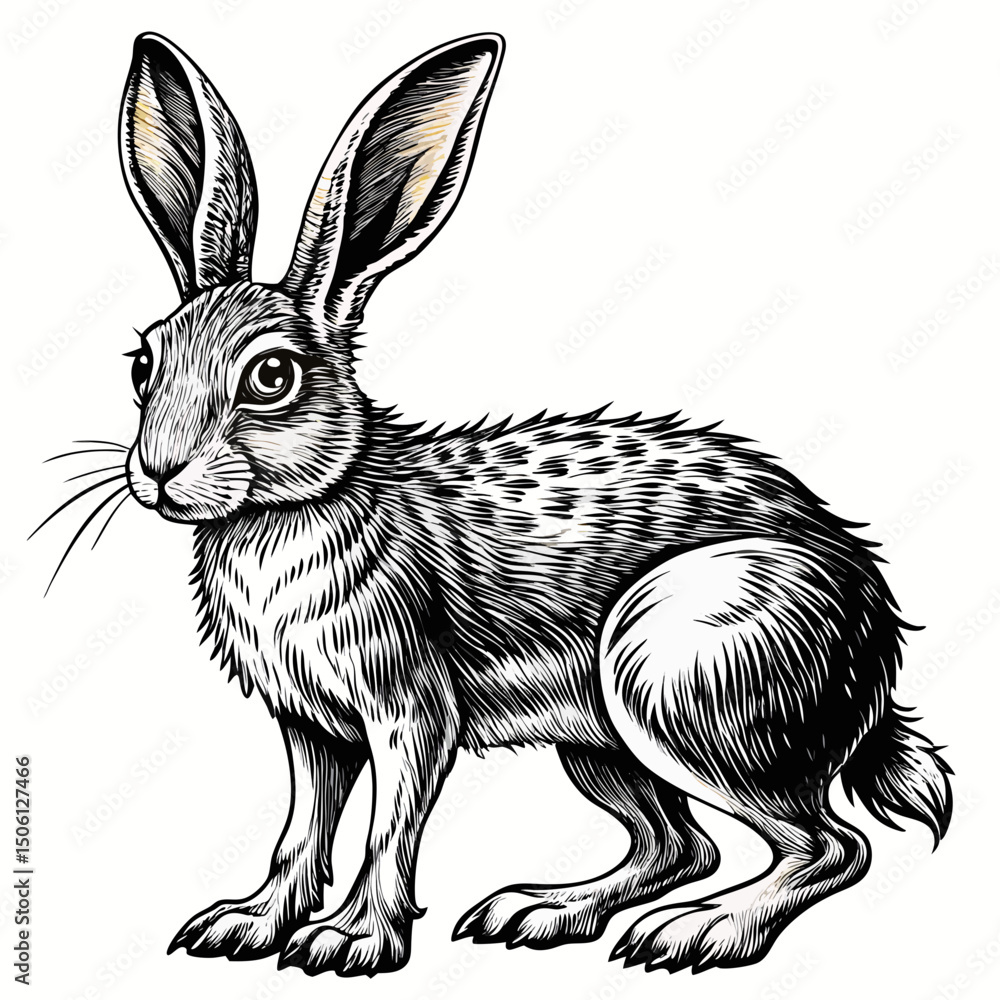 Obraz premium Sketch rabbit black and white illustration. Hare drawn sketch in doodle style on a white background. Illustrated in vintage hand-drawn style.