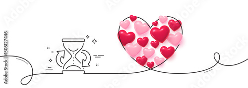 Time hourglass refresh line icon. Continuous line big heart. Sand watch sign. 3d hearts in heart shaped loop. Hourglass single line ribbon. Loop curve pattern. Vector