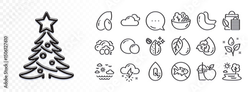 Juice, Cashew nut and Christmas tree line icons for web app. Glare of light effect. Message icon. Pack of Peas, Travel sea, Mineral oil pictogram icons. Salad, Bio shopping, No alcohol signs. Vector