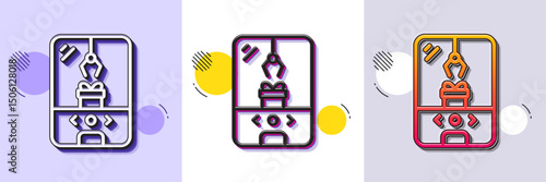 Crane claw machine line icon. Halftone dotted pattern. Gradient icon with grain shadow. Amusement park sign. Carousels symbol. Line crane claw machine icon. Various designs. Vector
