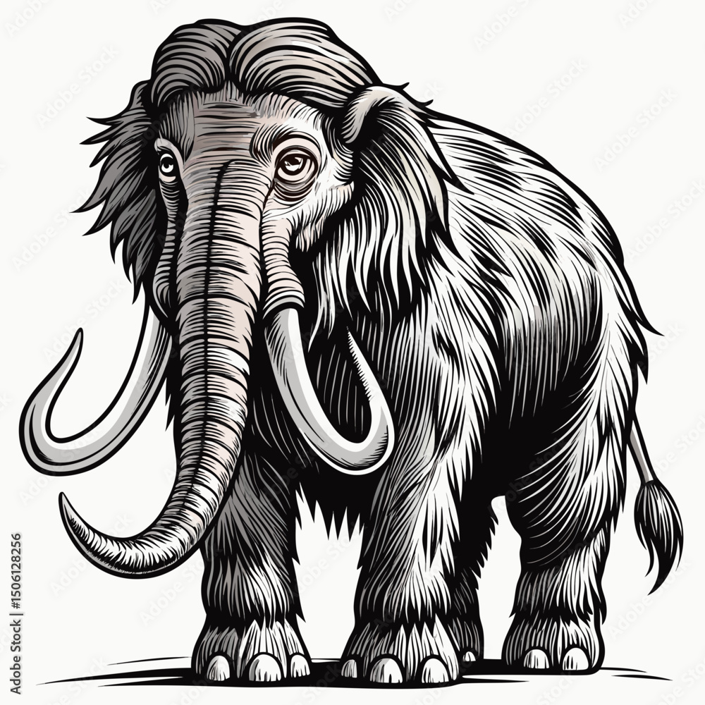 Obraz premium Sketch mammoth black and white illustration. Mammoth drawn sketch in doodle style on a white background. Illustrated in vintage hand-drawn style.