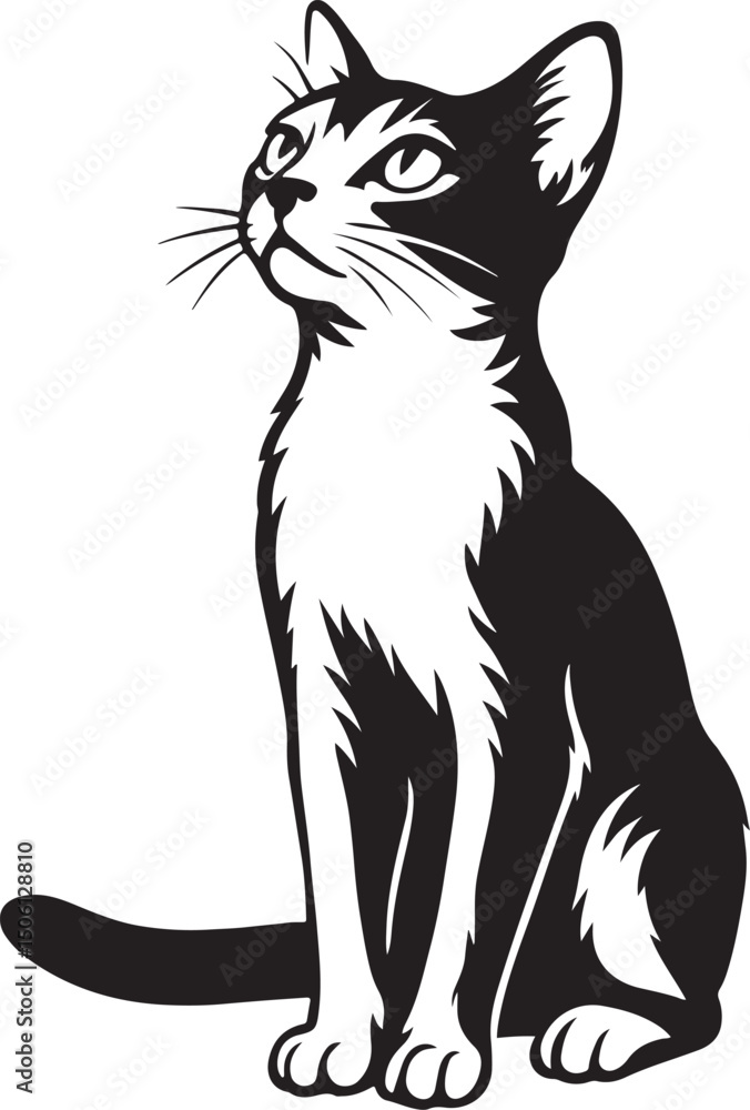 Fototapeta premium Cat looking upward black and white line drawing, Curious pet illustration clean lines