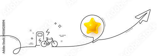 Electric bike line icon. Continuous line with share plane. Motorized bicycle transport sign. Charge ebike symbol. 3d star in speech bubble. Electric bike single line ribbon. Loop curve pattern. Vector