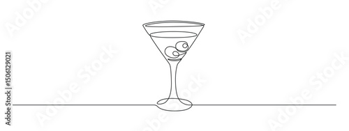 Glass of martini with olives in continuous one line drawing. Margarita toast and cheers in simple linear style. Alcohol and cocktail drink menu in editable stroke. Doodle monoline vector illustration