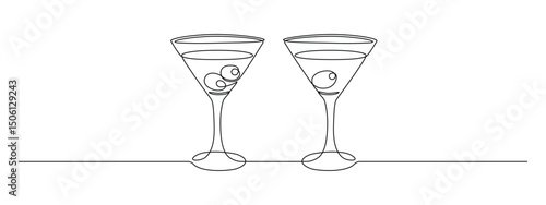 Glasses of martini with olives in continuous one line drawing. Margarita toast and cheers in simple linear style. Alcohol and cocktail drink menu in editable stroke. Doodle contour vector illustration