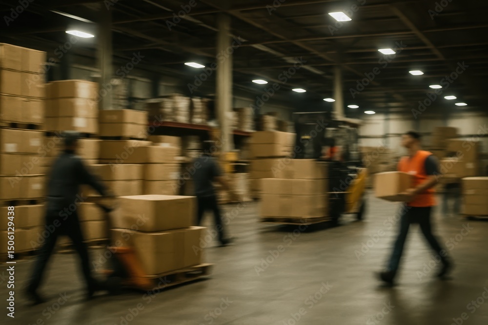 Fototapeta premium Blurred Image of Warehouse Employees Moving Shipping Boxes in a Busy Environment