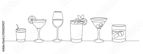 Glass of cocktails in continuous one line drawing. Margarita toast and martini cup in simple linear style. Alcohol drink menu in editable stroke. Doodle oneline vector illustration