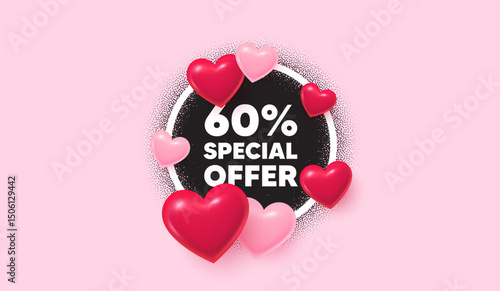 Discount picture frame banner. Circle photo frame. 60 percent discount offer tag. Sale price promo sign. Special offer symbol. 3d hearts balloons. Grain dots pattern. Vector