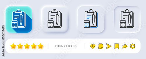 Accounting line icon. Neumorphic, Flat shadow, 3d buttons. Clipboard document sign. Calculate budget symbol. Line accounting icon. Social media icons. Vector