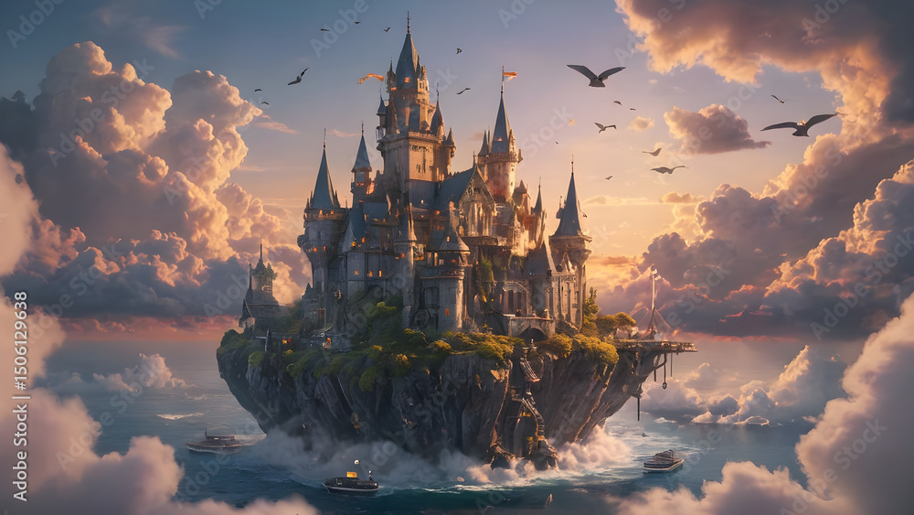 Naklejka premium A majestic floating castle above the clouds, glowing with golden light, surrounded by flying whales and magical birds, in a dreamlike sunset sky — fantasy, ultra-detailed, cinematic lighting