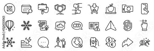 Recovery computer, Touchscreen gesture and Selfie stick line icons pack. Share, Message, Paper plane icons. Like, Loan percent, Snowflake web icon. Vector