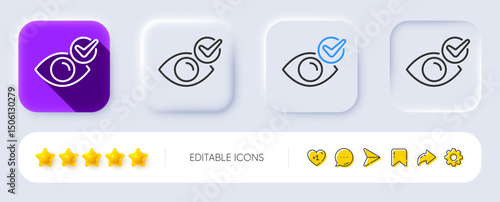 Check eye line icon. Neumorphic, Flat shadow, 3d buttons. Oculist clinic sign. Optometry vision symbol. Line check eye icon. Social media icons. Vector
