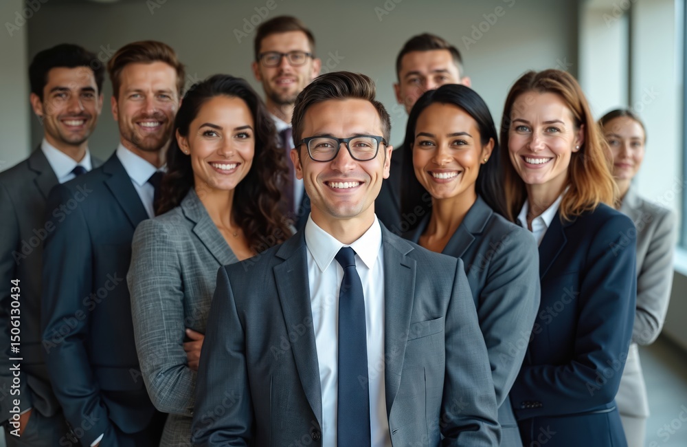 Diverse group businesspeople pose team photo. Professional men women in suits. Confident office employees smile. Corporate teamwork, startup success, diverse workforce, working together. Diverse group businesspeople pose team photo. Professional men women in suits. Confident office employees smile. Corporate teamwork, startup success, diverse workforce, working together.