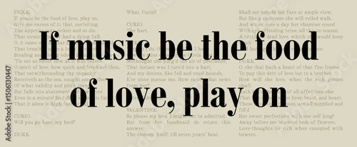 If Music Be The Food Of Love, Play On - Twelfth Night - Famous William Shakespeare Quote. Classic Literature Typographic Artwork