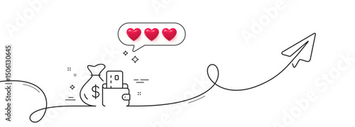 Change money line icon. Continuous line with share plane. Credit card sign. Cash payment symbol. Hearts rate review in speech bubble. Change money single line ribbon. Loop curve pattern. Vector