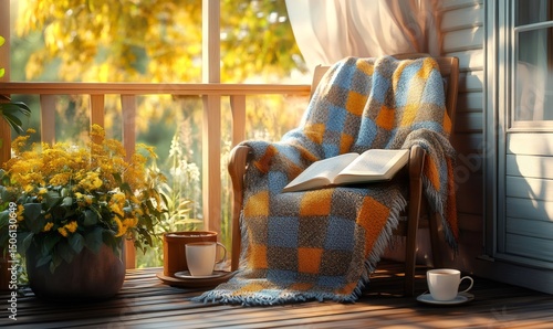 Enjoying a peaceful autumn afternoon on a cozy porch, with a warm blanket, a good book, and a cup of tea