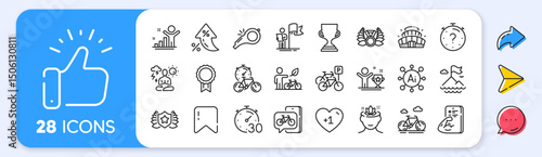 Eco bike, Timer and Winner line icons. Interest rate, AI generate, Inflation icons. Pack of Mountain flag, Laureate medal, Leadership icon. Arena stadium, Bike, Bicycle parking pictogram. Vector