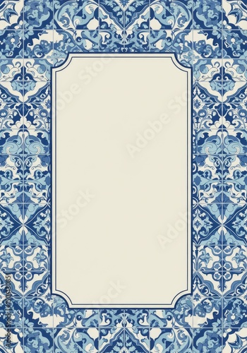 Vertical rectangular design with blue and white geometric tile border surrounding cream colored empty space perfect for text or image insertion