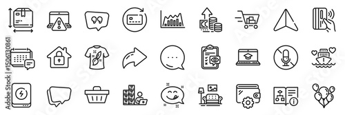 Wallet, Renew card and Shopping basket line icons pack. Share, Message, Paper plane icons. Technical algorithm, Inventory, Lock web icon. Power bank, Shopping cart, Box size pictogram. Vector