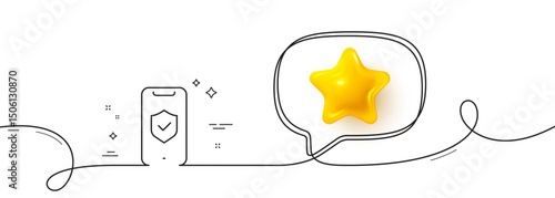 Phone protection line icon. Continuous line with 3d star. Cyber defence sign. Security shield symbol. 3d star in speech bubble. Phone protection single line ribbon. Loop curve pattern. Vector