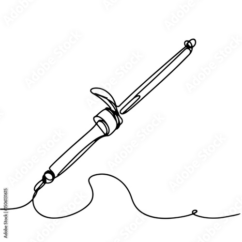 Minimalistic line drawing of a curling iron with a dangling cord against a clean white background, representing the concept of beauty salons and hairstyling services