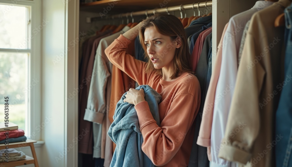 Fototapeta premium Overwhelmed woman faces disorganized closet, holding clothes with confused expression. Disarray of wardrobe items suggests daily struggle of choice. Clutter reflects stress, chaos, domestic issues,