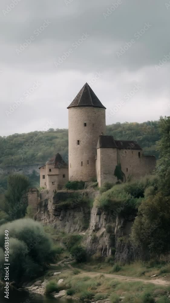 Medieval castle perched on cliff overlooking a river surrounded by lush greenery and overcast sky in remote location. Medieval castle perched on cliff overlooking a river surrounded by lush greenery and overcast sky in remote location.