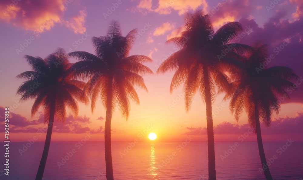 Naklejka premium Tranquil tropical scene with palm trees silhouetted against a vibrant sunset over a calm ocean, creating a serene and idyllic atmosphere