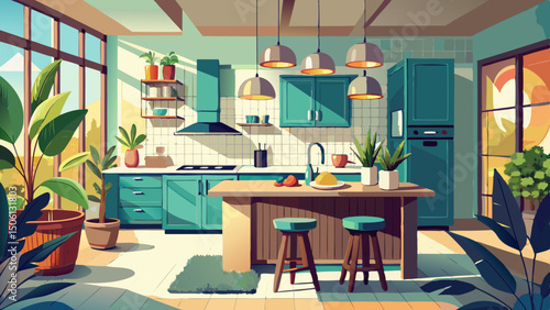 A stylish kitchen interior featuring a central island table, elegant houseplants, and a sleek modern refrigerator creates a warm and contemporary space. Natural light highlights clean lines and smart 