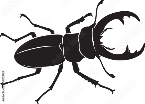 Stag beetle detailed silhouette drawing black, Horned insect black white flat art
