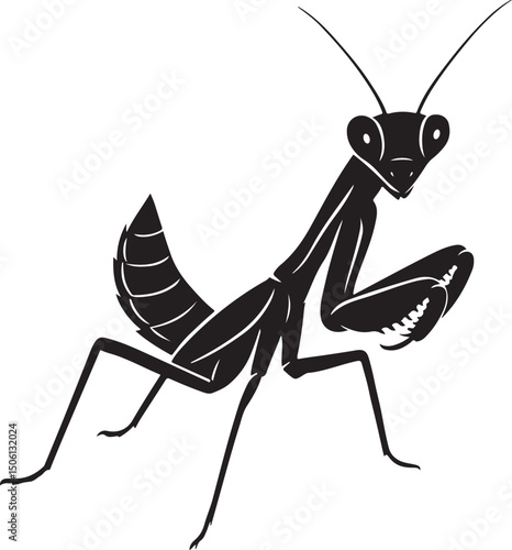 Praying mantis simple silhouette black design, Minimal bug figure insect illustration