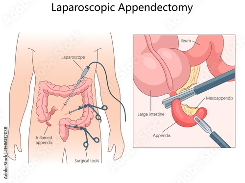 Laparoscopic appendectomy, instruments used and the removal of an inflamed appendix from the large intestine diagram hand drawn schematic vector illustration. Medical science educational illustration