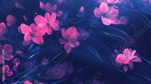 Cherry Blossom Whispers: Delicate cherry blossoms float and swirl gracefully, their pink petals adding a vibrant contrast against the rich, dreamy background.