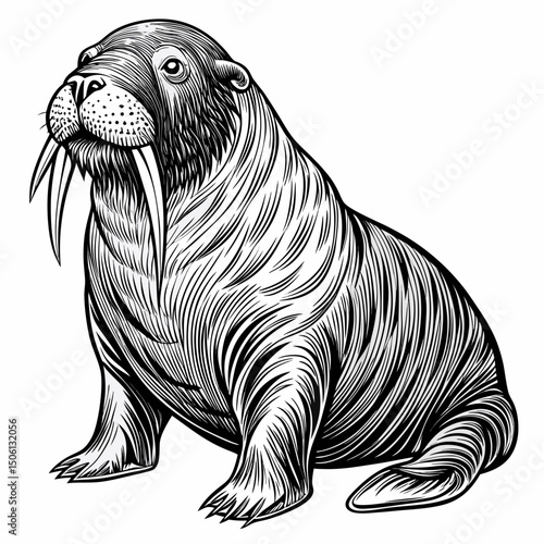 Sketch realistic walrus black and white illustration. Walrus drawn sketch in doodle style on a white background. Illustrated in vintage hand-drawn style.