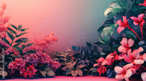 Floral Fantasy: A captivating composition of vibrant pink and green flowers and lush foliage, set against a gradient backdrop that evokes feelings of tranquility.