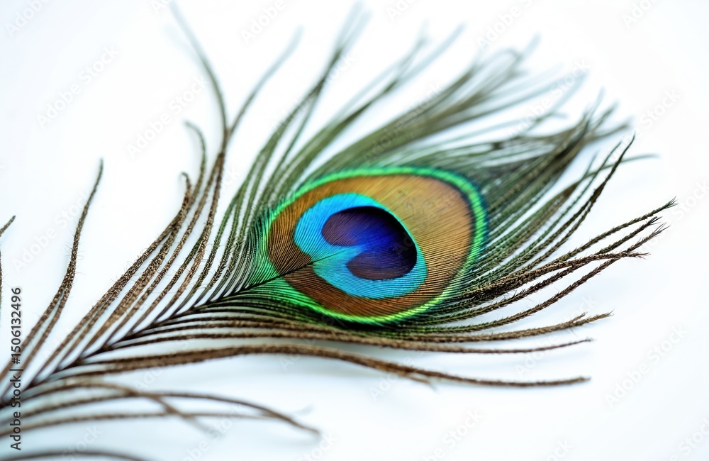 Fototapeta premium Elegant peacock feather against clean white background. Stunning detail, vibrant colors, iridescence, beauty, intricate pattern, decorative design. Perfect for artistic projects decorative designs.