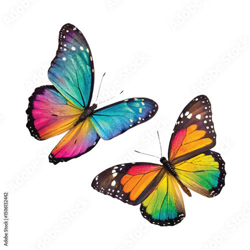Set two beautiful colorful bright multicolored tropical butterflies with wings spread and in flight isolated on white background, close-up macro.