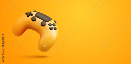 3d Glossy Game Controller. Bright Orange Game Controller with Black Buttons Floating on Vibrant Yellow Background Vector Illustration. Modern Joystick Gaming Technology, digital entertainment.