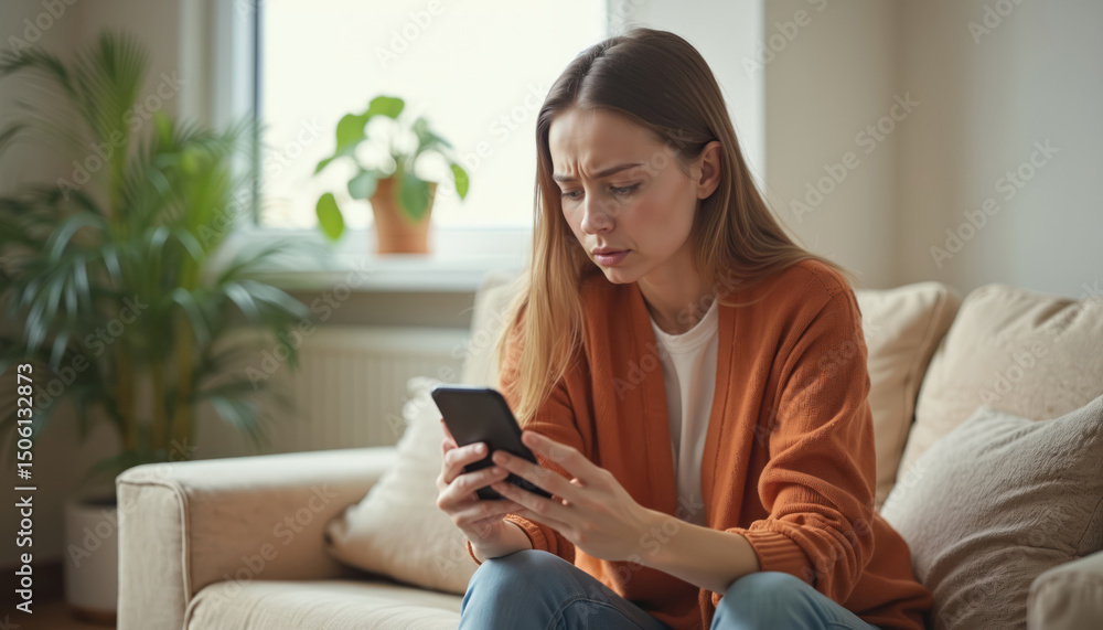 Caucasian woman reading upsetting news on smartphone. Female looks worried, stressed at home on couch. Negative reaction to information received online, financial issue or tech error. Caucasian woman reading upsetting news on smartphone. Female looks worried, stressed at home on couch. Negative reaction to information received online, financial issue or tech error.