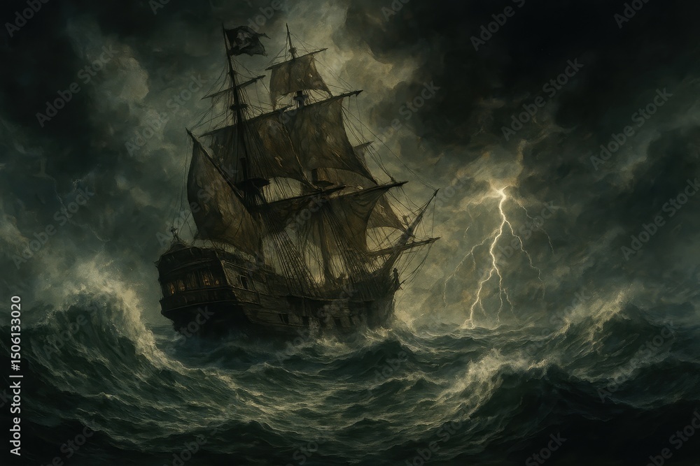 Obraz premium Dramatic Art Illustration of a Large Ancient Pirate Ship Sailing on a Stormy Sea