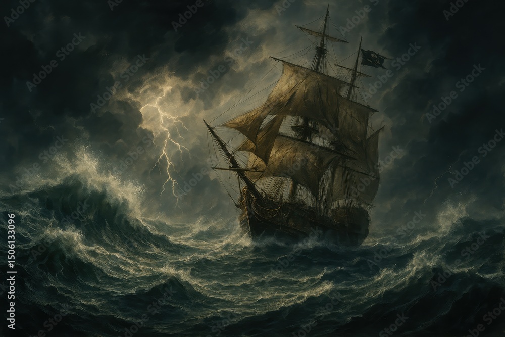 Fototapeta premium Dramatic Art Illustration of a Large Ancient Pirate Ship Sailing on a Stormy Sea