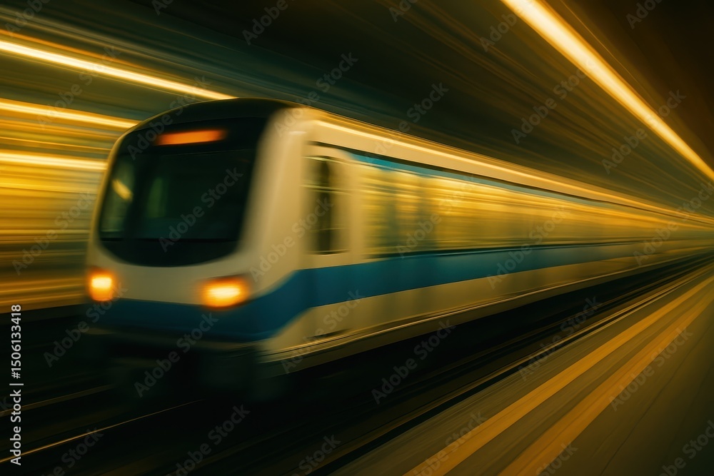 Fototapeta premium Moving Train with Blurry Lights, Ideal for Transportation Backgrounds