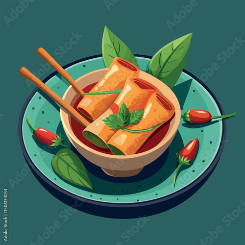 Delicious spring rolls served in a decorative bowl with herbs and chilies on a vibrant plate Generative AI